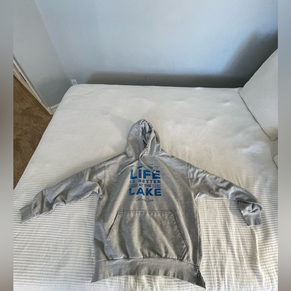 Life is better at the lake hoodie. Small cut onling the seem of the waistband